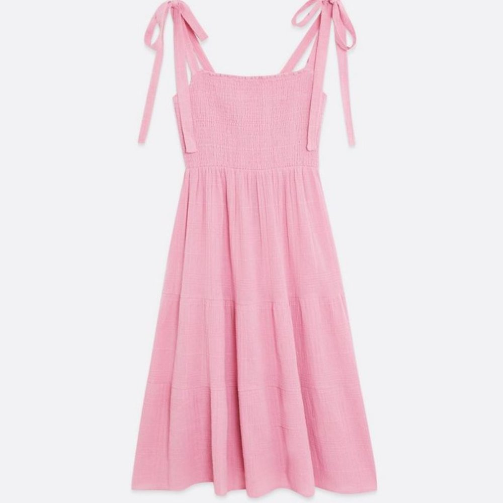 NWT pink tie shoulder ribbon tier midi dress - small